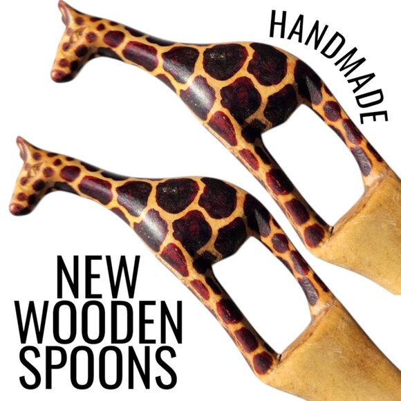 New Hand Carved Wood Giraffe Fork Spoon Serving Set Safari African Folk Art Sala - Picture 1 of 12